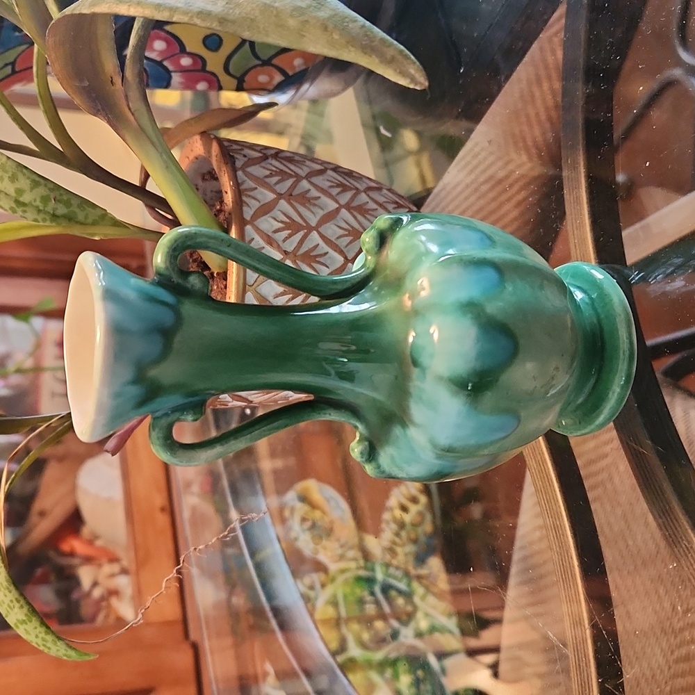 Vintage 1964 Hand Painted Ceramic Teal Blue and Green Bud Vase - Picture 1 of 6